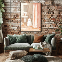 Ghost and Dog Bathroom Whimsical Illustration Cozy Poster