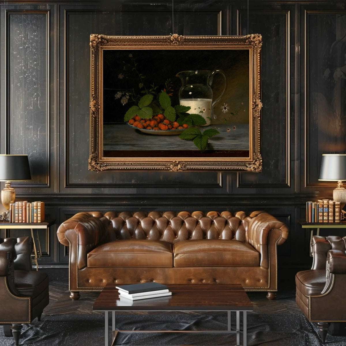 Classic Still Life with Strawberries and Milk Artistic Poster