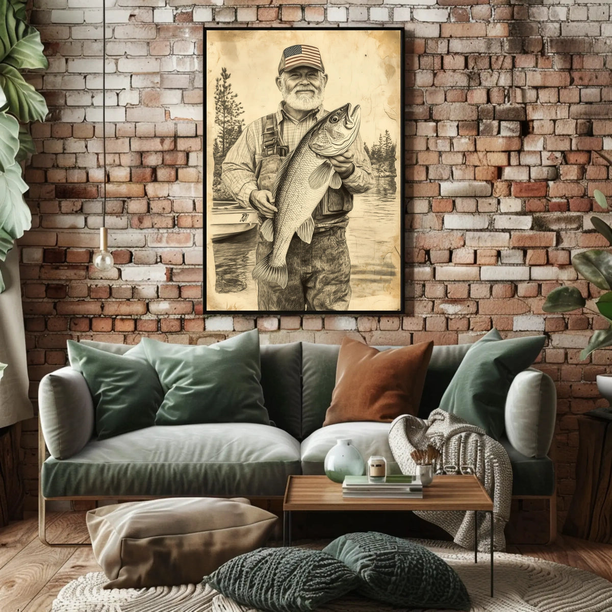 Vintage Style Fisherman Holding Large Bass Rustic Poster