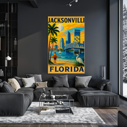 Jacksonville Florida Surfer Bridge Skyline Sunset Travel Poster