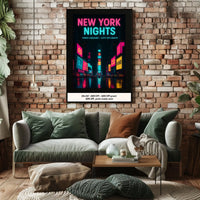 Vibrant Neon Nightscape in Times Square Urban Cityscape Poster