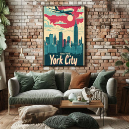 New York City Skyline Illustration Poster Retro Wall Art