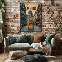 Vintage Tram Scene in Historic Milan Urban or Cityscape Poster