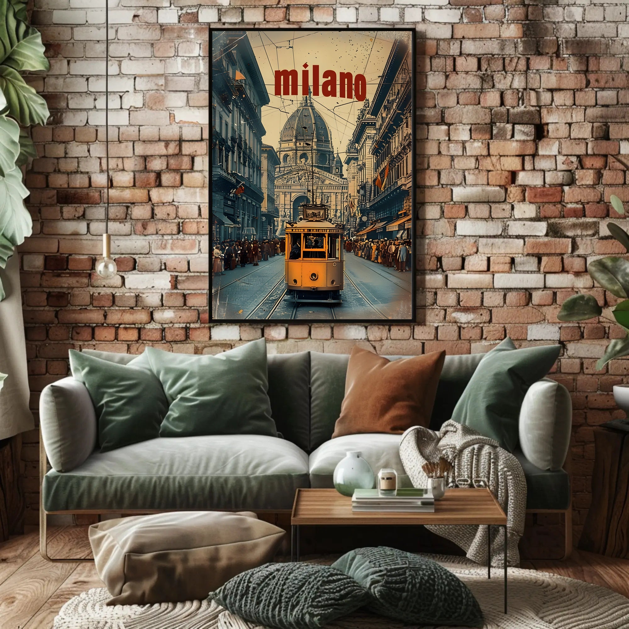 Vintage Tram Scene in Historic Milan Urban or Cityscape Poster