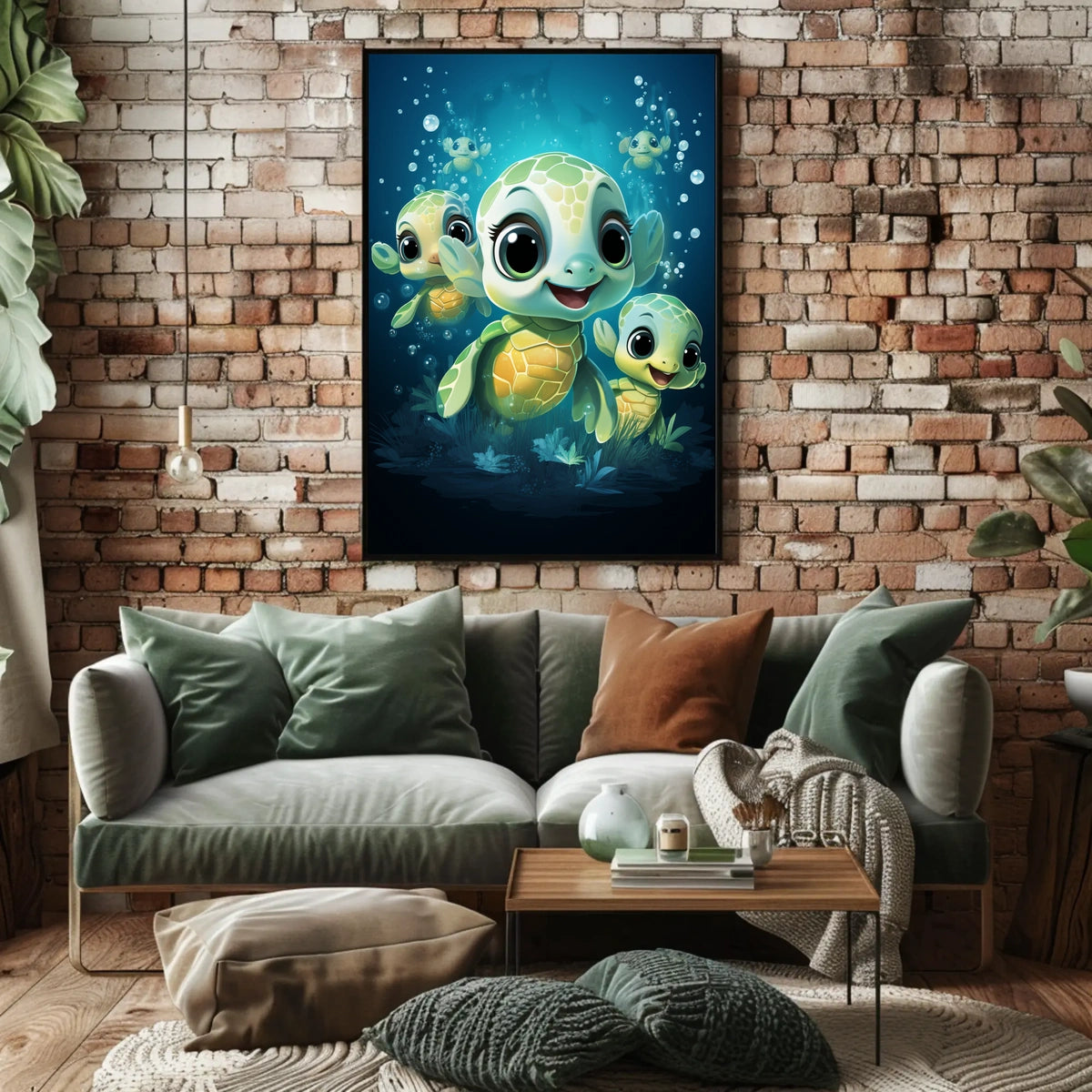 Adorable Sea Turtles Underwater Cartoon Poster Print