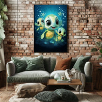 Adorable Sea Turtles Underwater Cartoon Poster Print