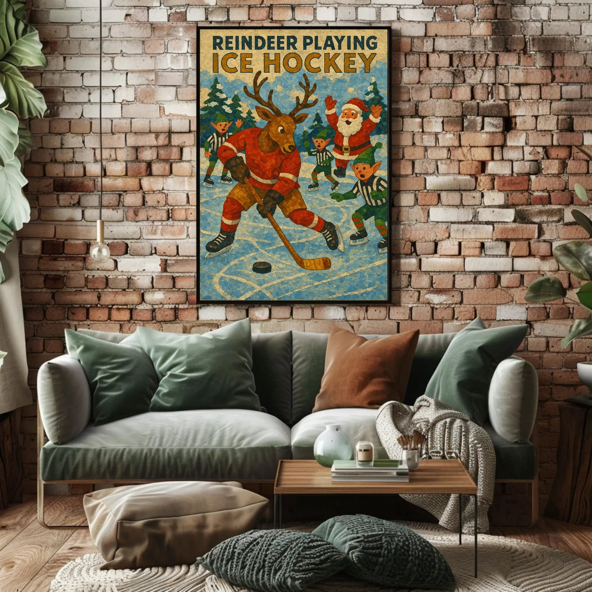 Whimsical Holiday Reindeer Playing Hockey Sports Poster