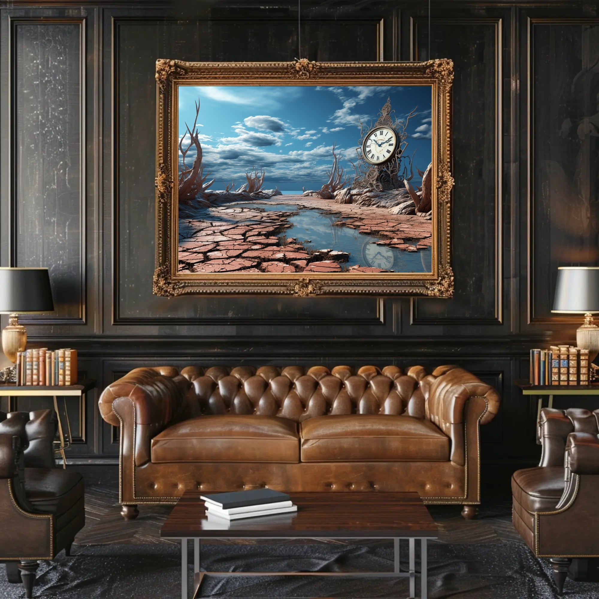 Surrealistic Timepiece in Arid Dreamscape Artistic Poster