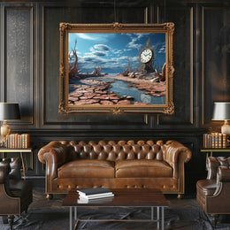 Surrealistic Timepiece in Arid Dreamscape Artistic Poster
