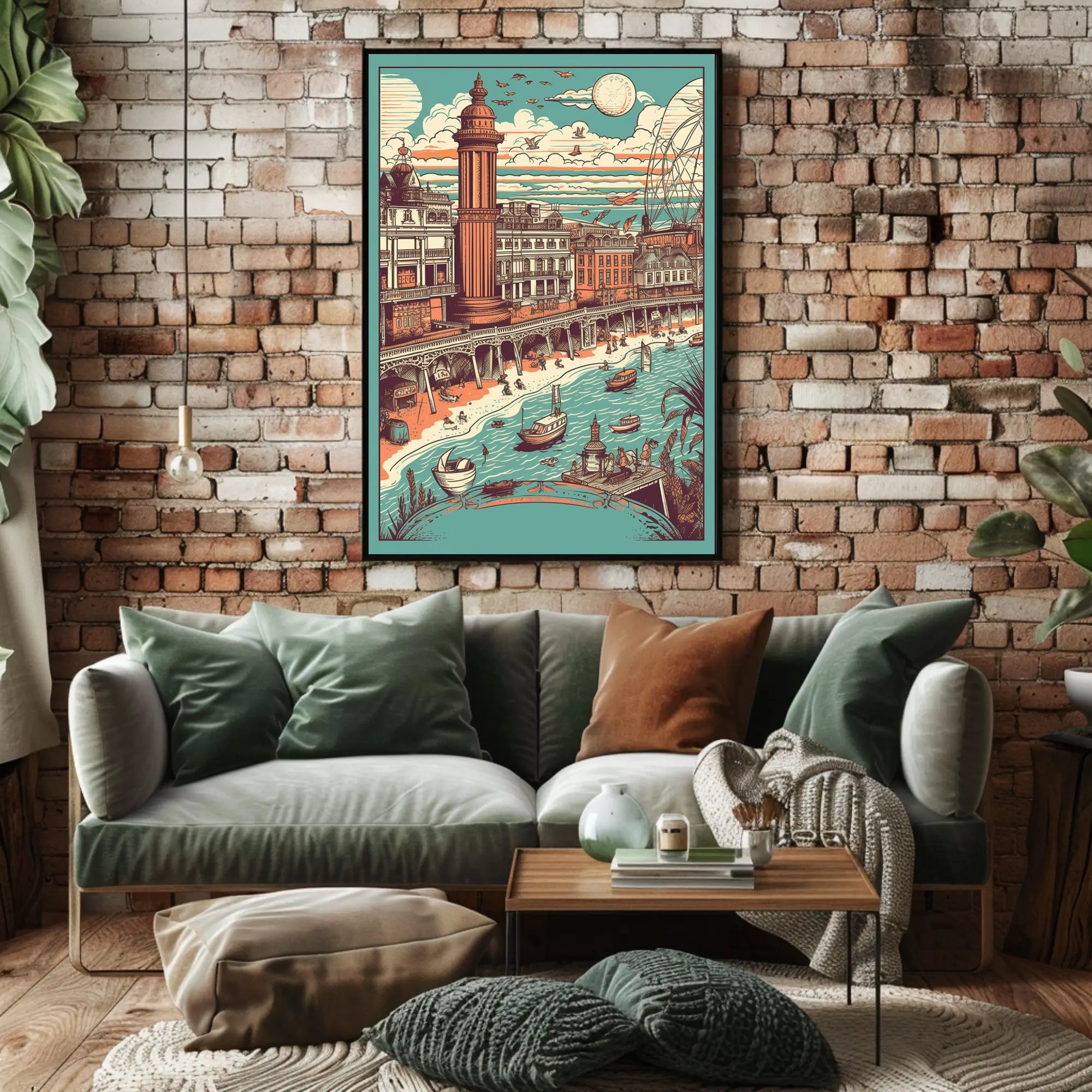 Vintage Coastal Town Illustration Poster