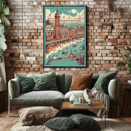 Vintage Coastal Town Illustration Poster