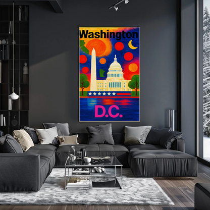 Washington DC Capitol Monument Colorful Night Travel Poster