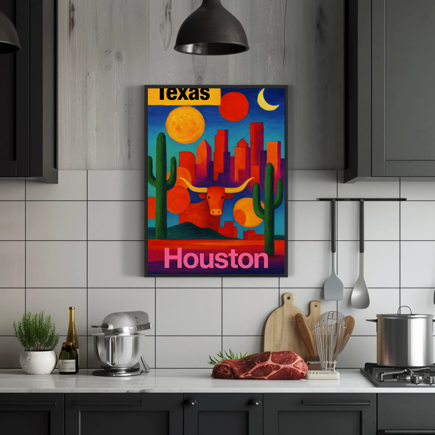 Texas Houston Longhorn Cactus Sunset Cityscape Vintage Travel Poster