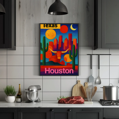 Texas Houston Longhorn Cactus Sunset Cityscape Vintage Travel Poster