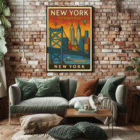 New York City Poster Retro Cityscape Travel Wall Art