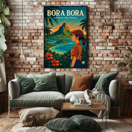 Vibrant Anime-Inspired Bora Bora Travel Poster