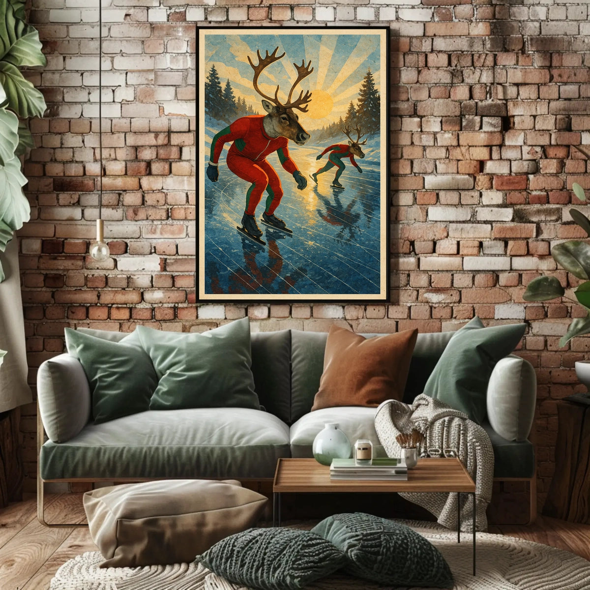 Whimsical Reindeer Skating Vintage Style Fantasy or Mythology Poster