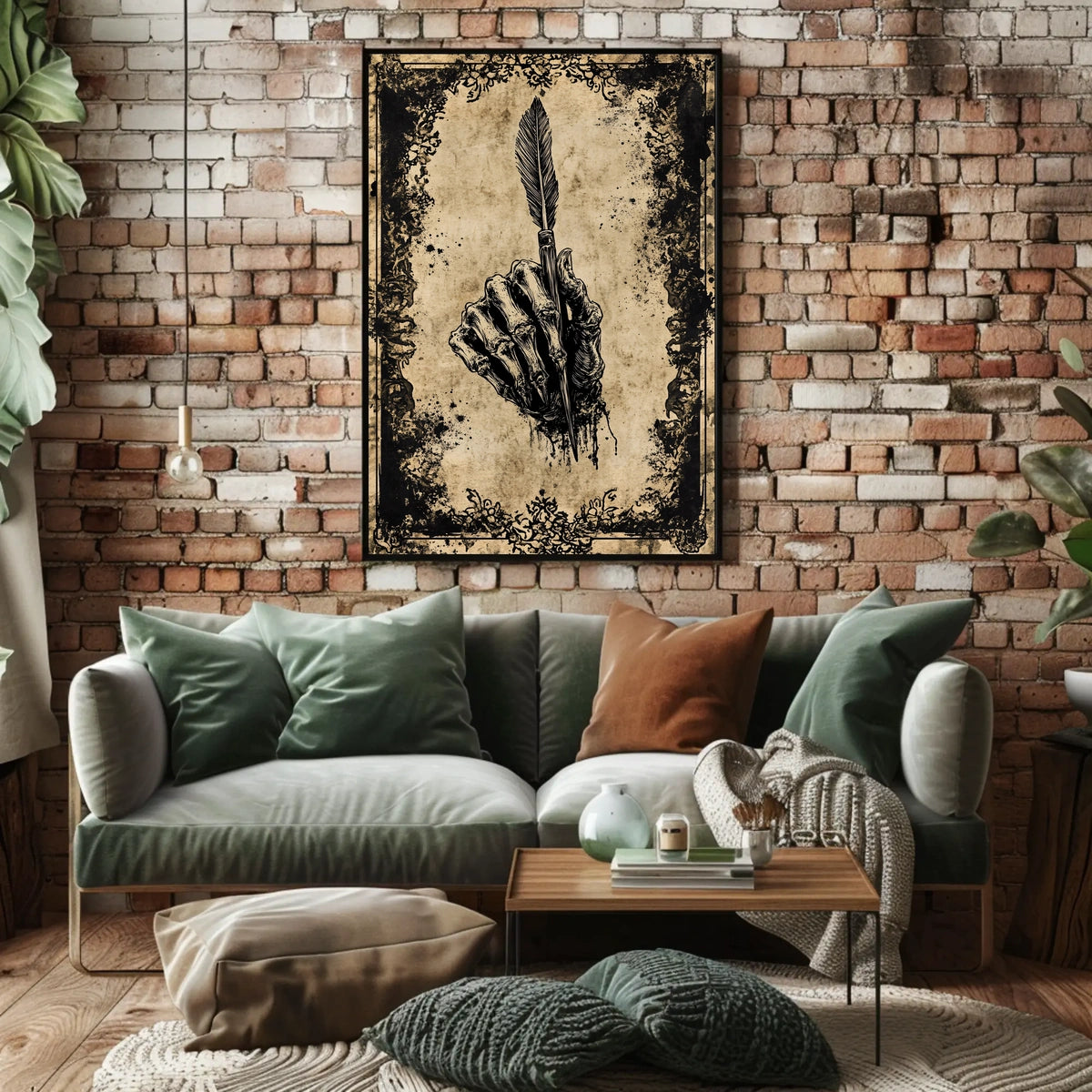 The poster features a skeletal hand gripping a quill pen, creating a strong Travel Poster