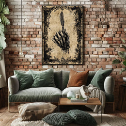 The poster features a skeletal hand gripping a quill pen, creating a strong Travel Poster