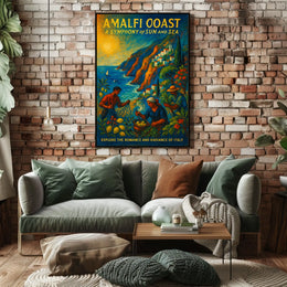 Amalfi Coast Vintage Travel Poster: Vibrant Seaside Art