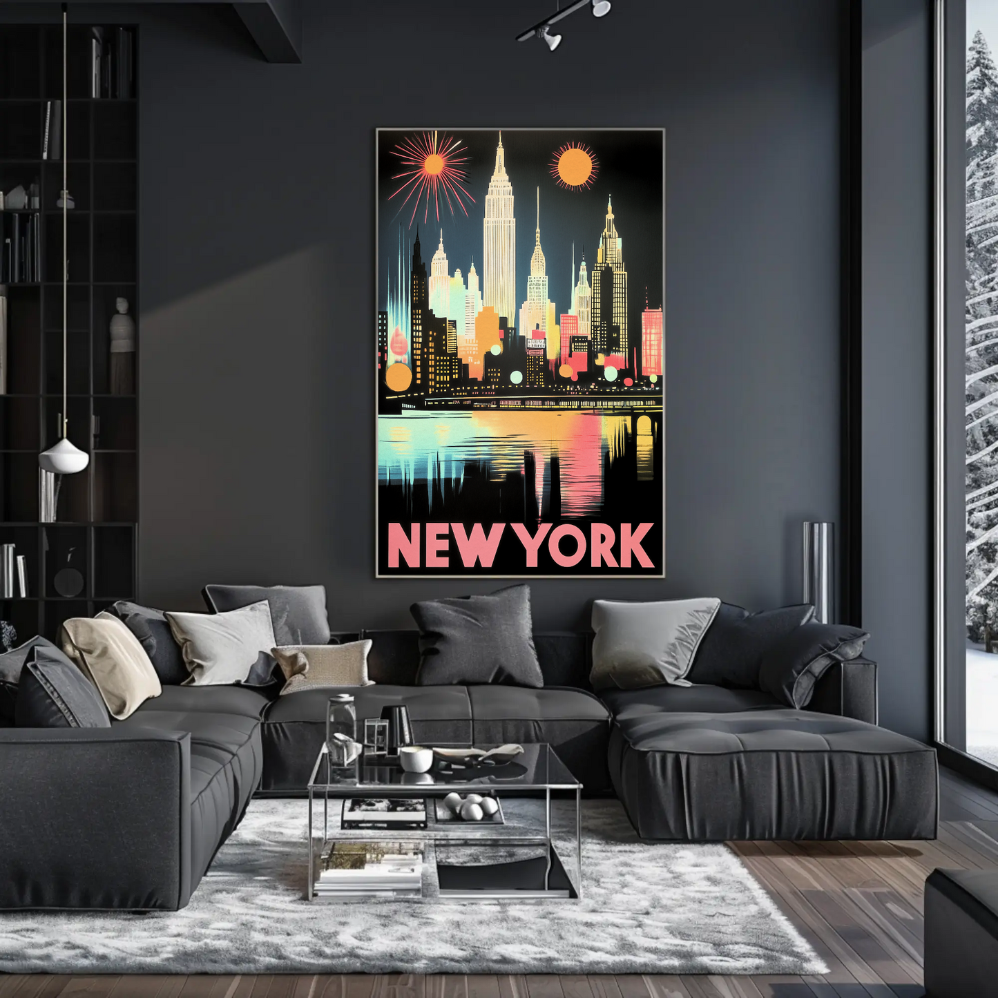 New York Night Skyline Neon Glow Lights Poster