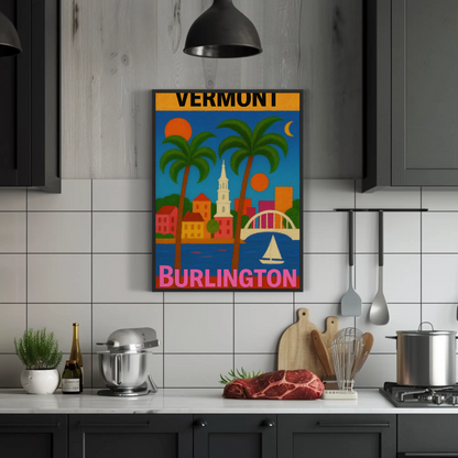 Vermont Burlington Palm Trees Church Sailboat Vintage Travel Poster