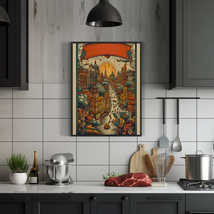 Fantasy River City Sunset Skyline Vintage Travel Poster