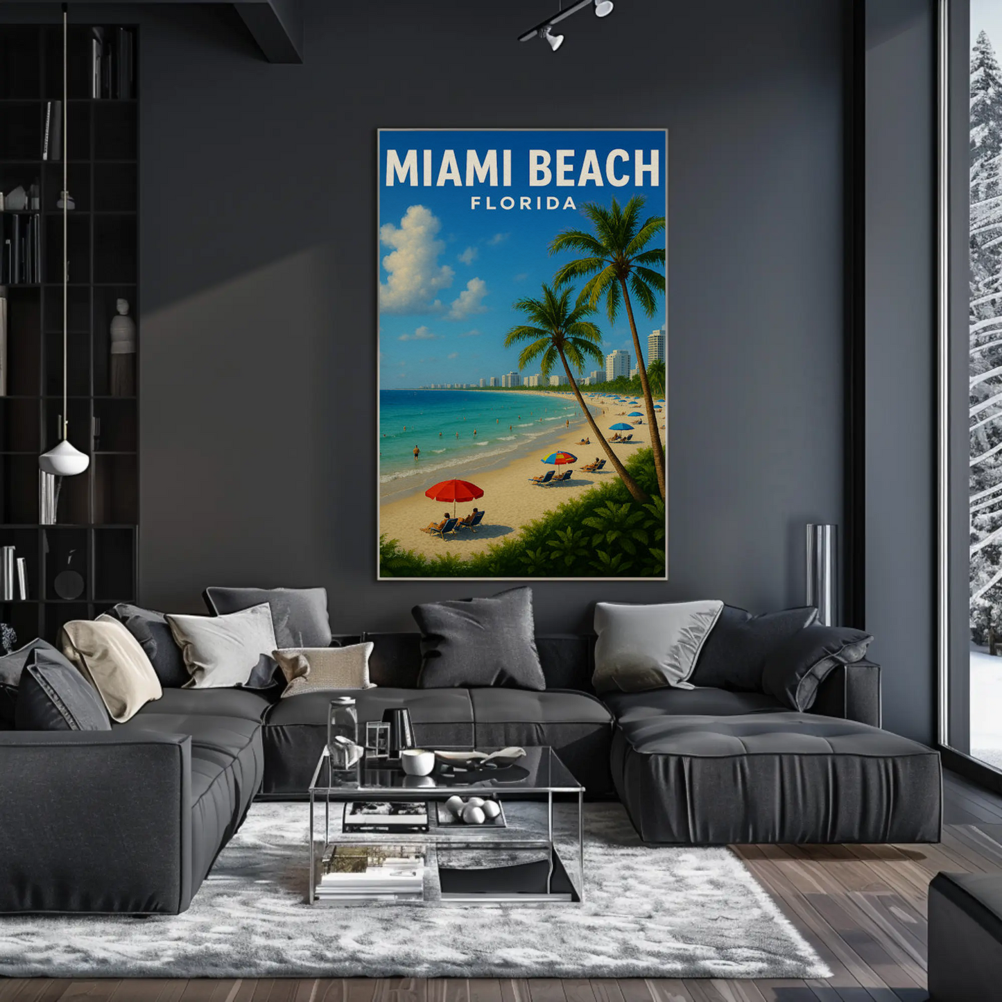 Miami Beach Florida Coastline Umbrellas Hotel Skyline Poster