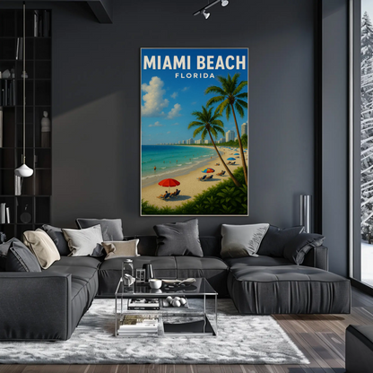 Miami Beach Florida Coastline Umbrellas Hotel Skyline Poster