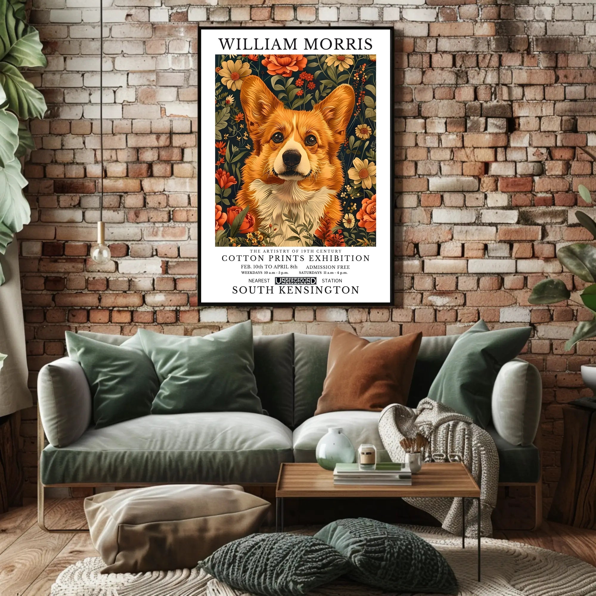 Corgi Art with Floral Elegance: Artistic Poster