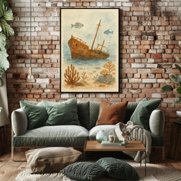 Sunken Ship Underwater Scene Artistic Poster