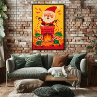 This whimsical poster depicts a festive Christmas scene with Santa Claus and two Travel Poster