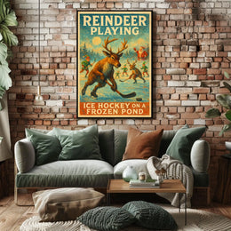 Festive Reindeer Ice Hockey Vintage Fantasy or Mythology Poster