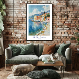 Kefalonia Coastal Serenity Watercolor Travel Poster PosterGoat