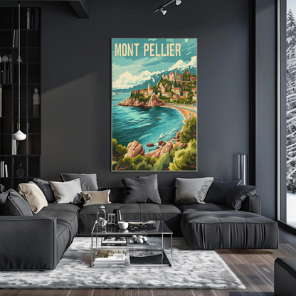 Montpellier France Coast Hillside Village Travel Poster