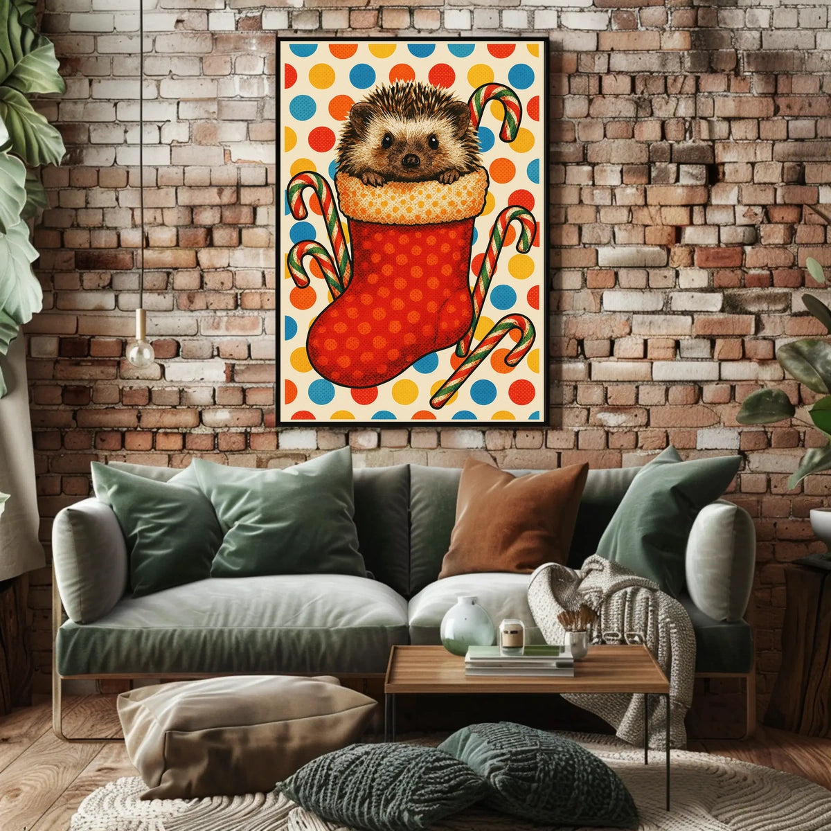 Festive Hedgehog In A Stocking Woodland Animals Holiday Wall Art For Christmas Decor Poster
