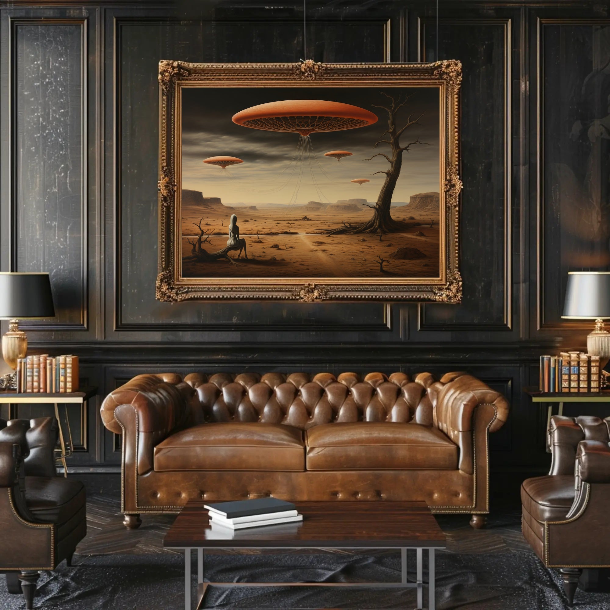 Surreal Hovering Discs in Futuristic Sci-Fi Poster