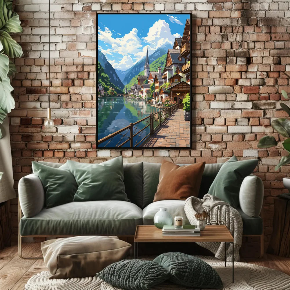 Picturesque European Lakeside Village Art Poster