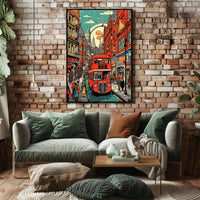 Vibrant Cityscape with Red Bus Poster