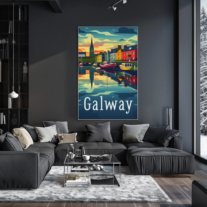 Evening Harbor Scene Galway Ireland Travel Poster
