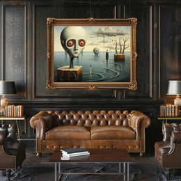 Dreamlike Landscape with Surreal Figures: Futuristic Sci-Fi Poster