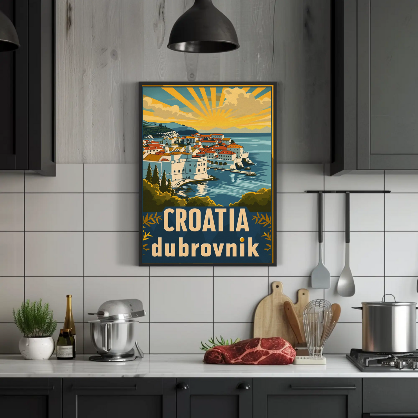 Croatia Dubrovnik Sunset Coastline Vintage Travel Poster
