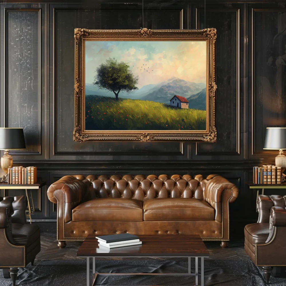 Serene Countryside Landscape with Cottage and Tree