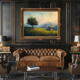 Serene Countryside Landscape with Cottage and Tree