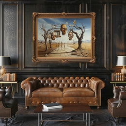 Surreal Desertscape with Floating Bronze Heads Artistic Poster