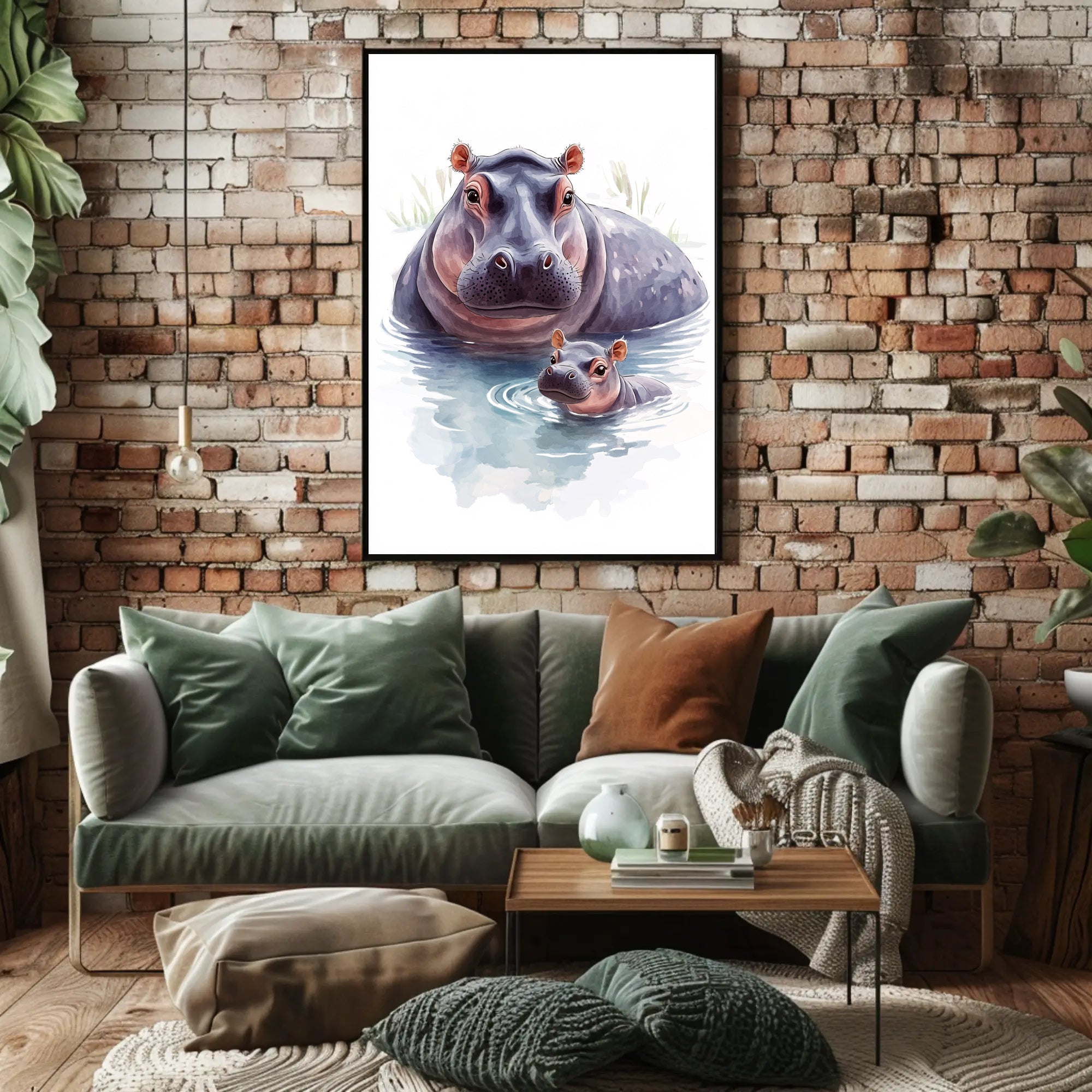 Mother and Baby Hippopotamus Digital Animal Poster
