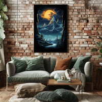 Fantastical Full Moon Mountain Landscape Futuristic Sci-Fi Poster