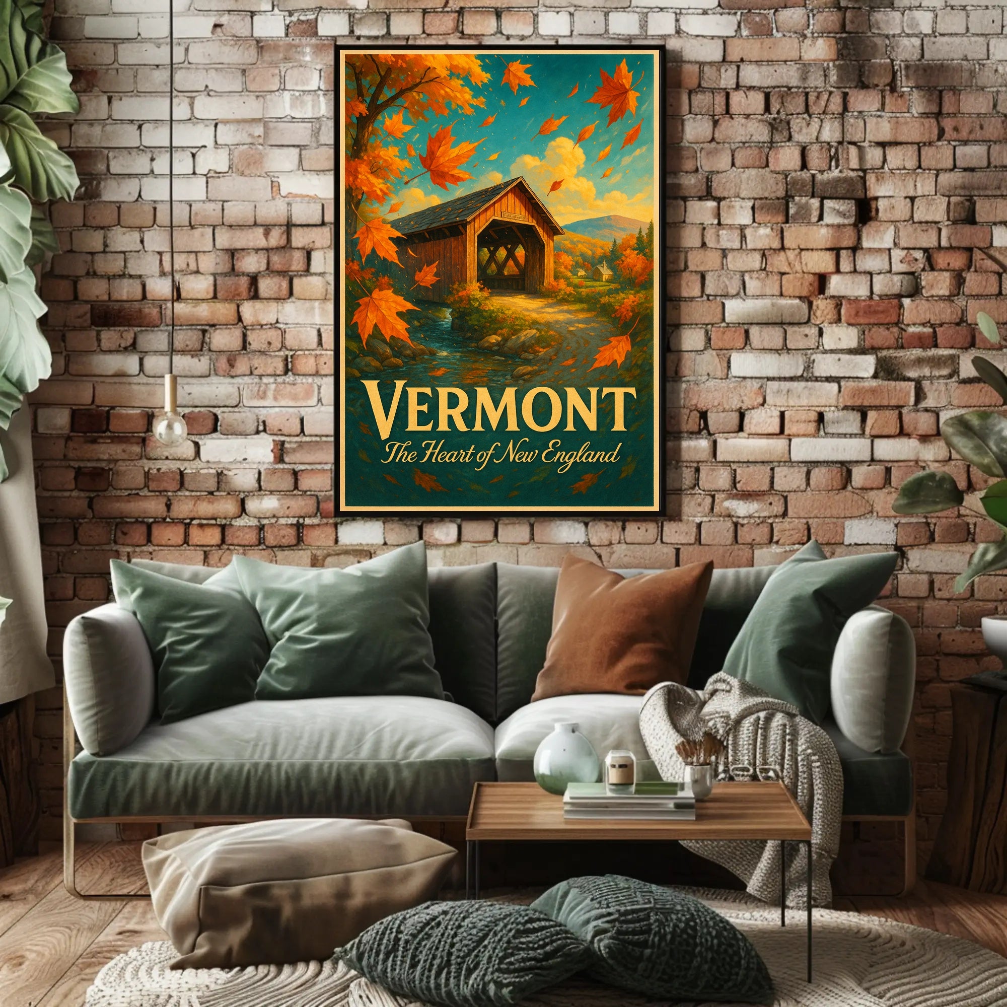 Vermont Autumn Travel Poster Vintage Wall Art
