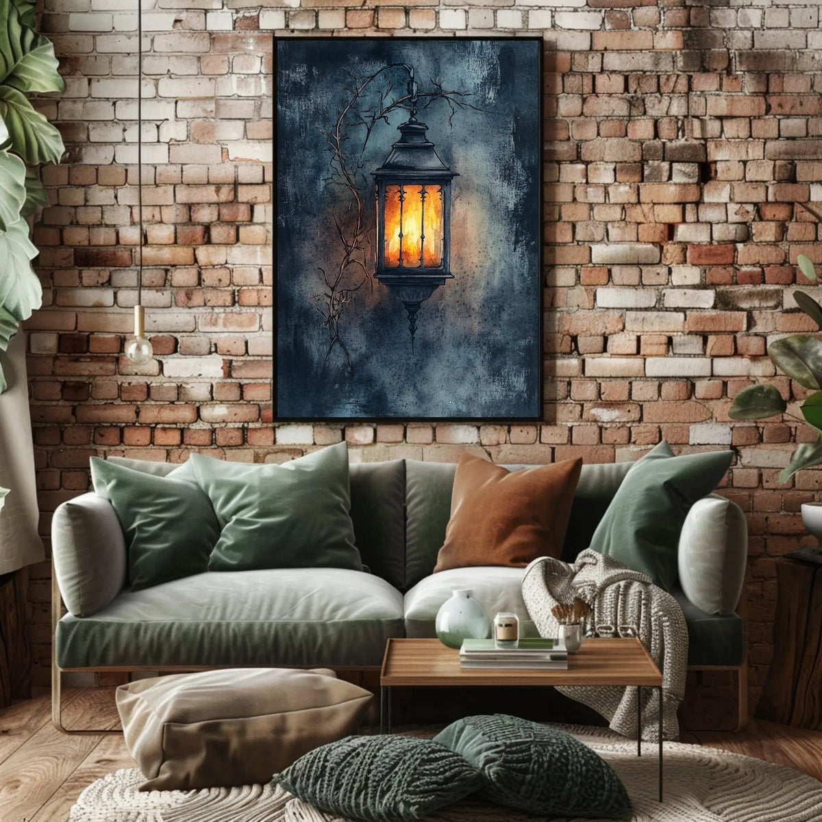 Rustic Lantern in Serene Nighttime Landscape Poster