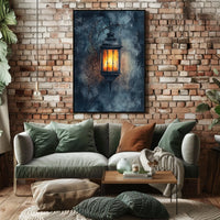 Rustic Lantern in Serene Nighttime Landscape Poster